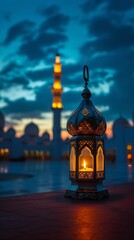 Canvas Print - Arabic lantern in front of mosque at sunset. Ramadan Kareem background