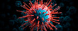 A striking 3D visualization presents the coronavirus with red spikes on a teal blue envelope, offering a detailed virus's structure, pivotal for understanding its biology and impact on health.