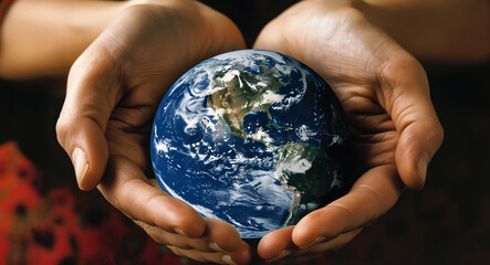 Wall Mural - Hands of a woman holding the planet Earth - Save the planet concept