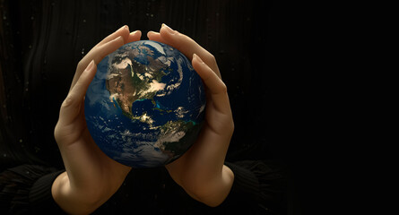 Wall Mural - Hands of a woman holding the planet Earth - Save the planet concept