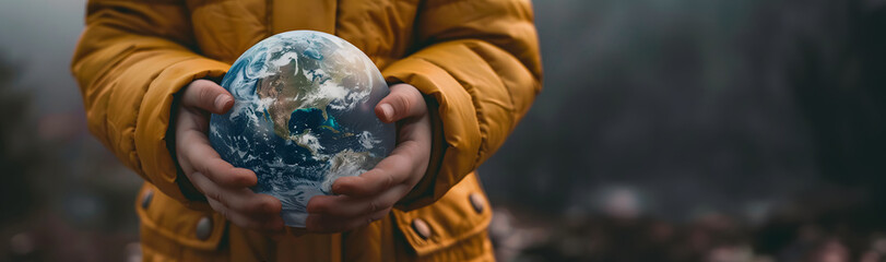 Wall Mural - Hands of a child holding the planet Earth - Concept of saving the planet