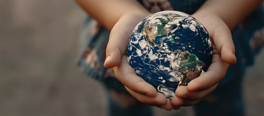 Wall Mural - Hands of a child holding the planet Earth - Concept of saving the planet