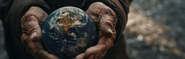 Wall Mural - Hands of an old man holding the planet Earth - Concept of saving the planet