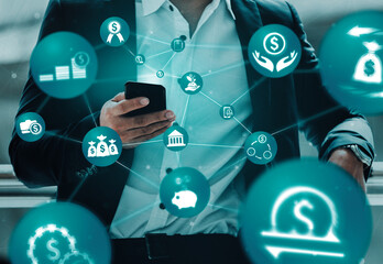 Finance and Money Transaction Technology Concept. Icon Graphic interface showing fintech trade exchange, profit statistics analysis and market analyst service in modern computer application. uds