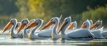 A Flock Of Pelicans Perched Gracefully Atop The Waters Surface In The Vibrant Aquatic Ecosystem Of The Danube Delta, Surrounded By Other Birds.
