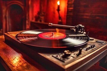 Wall Mural - Old vinyl player. Retro turntable with vinyl record on wooden table in dark room. Old vinyl record