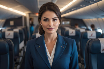 Portrait of beautiful flying attendant on airplane