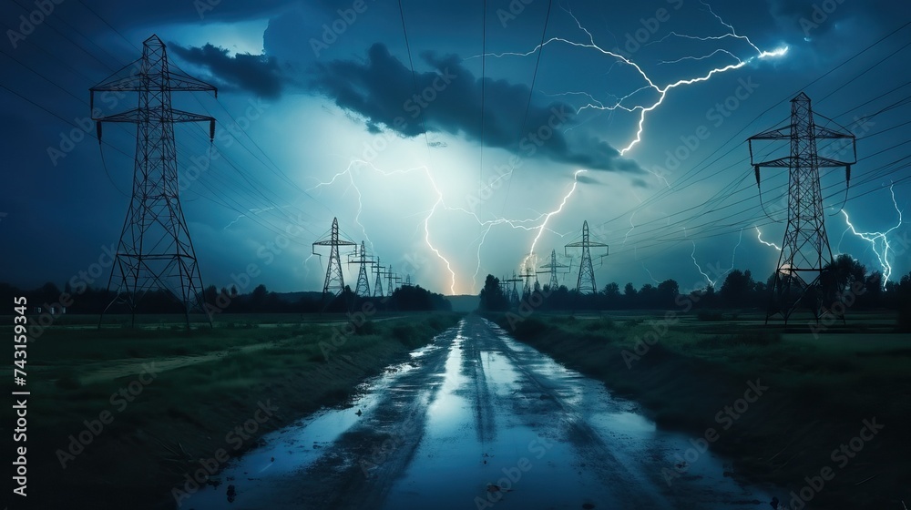 Power lines on the background of lightning. Blackout - The concept of ...