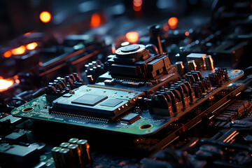 Poster - Detailed Circuit Board Macro Photography. This image features an up-close view of a circuit board with glowing elements, suitable for concepts related to technology, computing, and electronics enginee