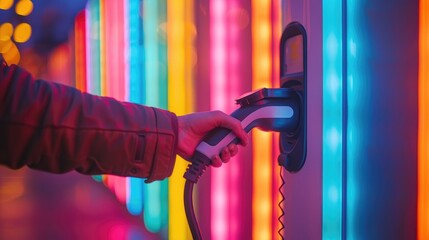 A hand holds a EV charger against a vivid background