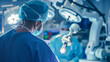 A surgeon overseeing a robotic surgery procedure in a high-tech hospital