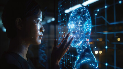 technologiy with ai information of face scan of female person