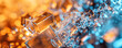 Transparent bluish crystals illuminated by orange glow, closeup macro detail - abstract crystalline background. Generative AI