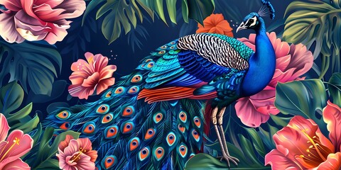 Wall Mural - large Royal peacock with an open tail in exotic flowers, vintage style. Digital illustration for t shirt, prints, posters, postcards, stickers, tattoo
