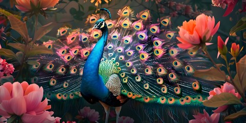 Wall Mural - large Royal peacock with an open tail in exotic flowers, vintage style. Digital illustration for t shirt, prints, posters, postcards, stickers, tattoo
