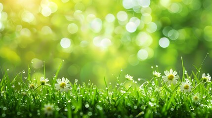 Wall Mural - Spring. Beautiful natural background of green grass and wild flower with dew and water drops on sunlight green background. horizontal banner with copy space