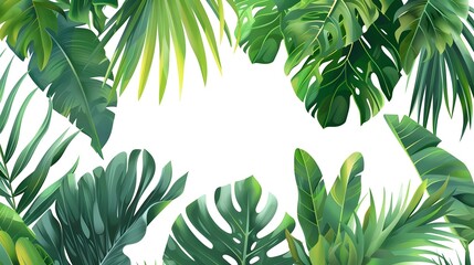 Wall Mural - Vector banner with green tropical leaves on white background. Exotic botanical design for cosmetics, spa, perfume, beauty salon, travel agency.
