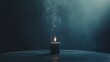A candle emits a smoky, atmospheric haze as it burns on a tabletop, creating a moody and evocative scene. The dim lighting and swirling smoke add an air of mystery and intrigue to the ambiance