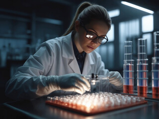 Wall Mural - scientist girl with gloves and eyeglasses analyzing test tubes on a lab