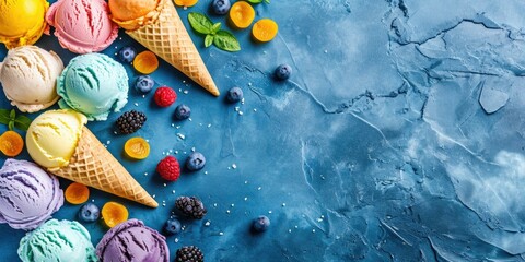 Canvas Print - Colorful ice cream cones and berries on a blue background. Generative AI.