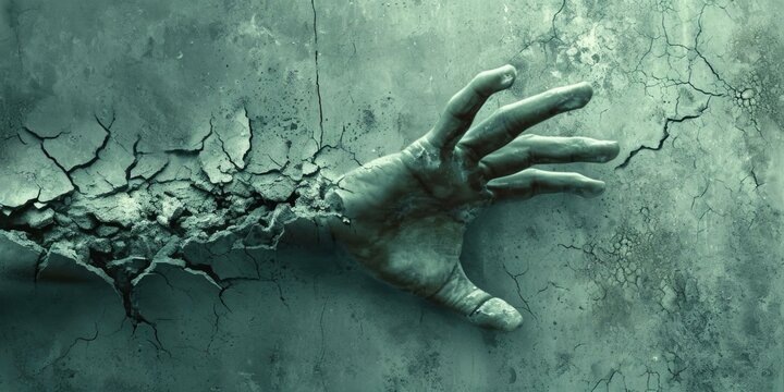 A hand reaching out from a cracked wall. Generative AI.