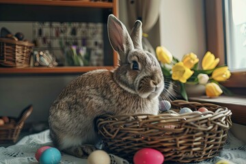 Wall Mural - easter bunny in a basket