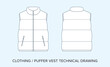 Blank Puffer Jacket Technical Drawing, Apparel Blueprint for Fashion Designers. Detailed Editable Vector Illustration, Black and White Clothing Schematics, Isolated Background