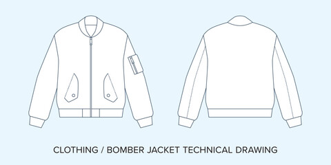 Wall Mural - Blank Bomber Jacket Technical Drawing, Apparel Blueprint for Fashion Designers. Detailed Editable Vector Illustration, Black and White Clothing Schematics, Isolated Background. 
