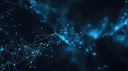 Wall Mural - Network abstract background, dark blue digital space with polygon lines and bokeh lights, pattern of tech connections and data. Concept of texture, cyber technology, grid, plexus