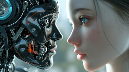 Wall Mural - AI humanoid robot and girl look at each other, faces of futuristic android and young woman. Concept of technology, artificial intelligence, future, relationship, love, human, beauty