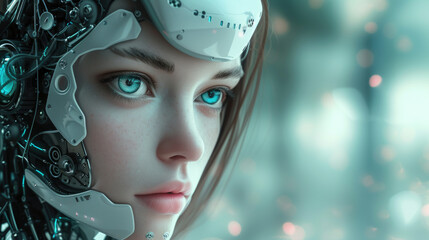 Poster - AI robot in shape of young woman, face of adult girl cyborg on abstract background, futuristic humanoid. Concept of technology, beauty, artificial intelligence, portrait, future