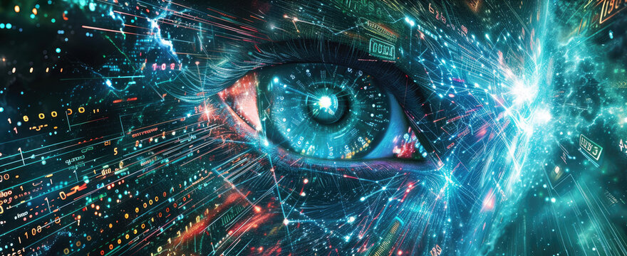Human eye in space of digital data, abstract network information background for cyber security and AI theme. Concept of computer technology, future, spy, hacker, hack, banner, art.