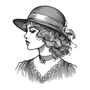 Old fashioned lady young woman in hat sketch engraving generative ai fictional character vector illustration. Scratch board imitation. Black and white image.