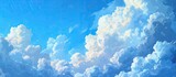 Fototapeta Natura - A painting depicting a winter sky filled with fluffy white clouds against a vibrant blue backdrop. The clouds are scattered across the sky, creating a contrast with the deep blue color.