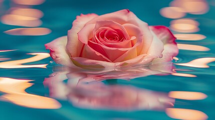 A pink rose floating on turquoise water, creating beautiful reflections.