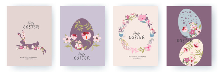 Wall Mural - Set of Happy Easter greeting card with typography, easter rabbit, eggs, roses, leaves,  floral bouquets, spring flowers compositions. Modern posters, web banners, headers or covers for Happy Easter.