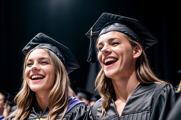 Sticker - Two graduates in caps and gowns celebrating their academic success at a graduation ceremony