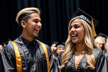 Sticker - Two graduates in caps and gowns celebrating their academic success at a graduation ceremony