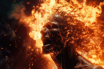 Wall Mural - mesmerizing fire breather surrounded by flying sparks and a dark, mysterious background.