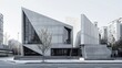 A concrete small building with a shape repeated three times, in city, in the style of precise nautical detail, dark white and gray, danube school, metallic surfaces, geometric shapes & patterns, desig