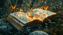 Magical Image Of Open Antique Book With Glitter Lights And Butterflies Flying From It