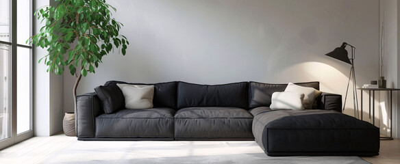 Wall Mural - Modern Minimalist Living Room with Chic Black Sofa and Natural Light