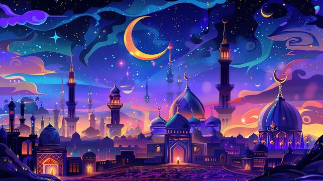 Ramadan Kareem. Eid Mubarak. Vector Muslim Islamic illustration of night city with mosque, crescent and lanterns, traditional carpet pattern, Arabic gate and Muslim for greeting card, poster