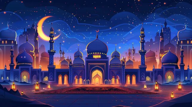 Ramadan Kareem. Eid Mubarak. Vector Muslim Islamic illustration of night city with mosque, crescent and lanterns, traditional carpet pattern, Arabic gate and Muslim for greeting card, poster