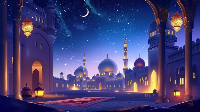 Ramadan Kareem. Eid Mubarak. Vector Muslim Islamic illustration of night city with mosque, crescent and lanterns, traditional carpet pattern, Arabic gate and Muslim for greeting card, poster