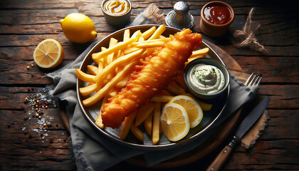 Wall Mural - A plate of fish and chips served on a rustic wooden table