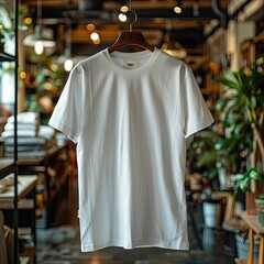 Wall Mural - A clean, white t-shirt , displayed on a hanger in a modern clothing store interior 