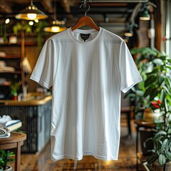 Wall Mural - A clean, white t-shirt , displayed on a hanger in a modern clothing store interior 