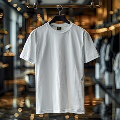 Wall Mural - A clean, white t-shirt , displayed on a hanger in a modern clothing store interior 