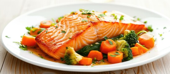 Wall Mural - A white plate is presented with a serving of cooked salmon accompanied by various vegetables such as carrot, broccoli, onion, and spinach.